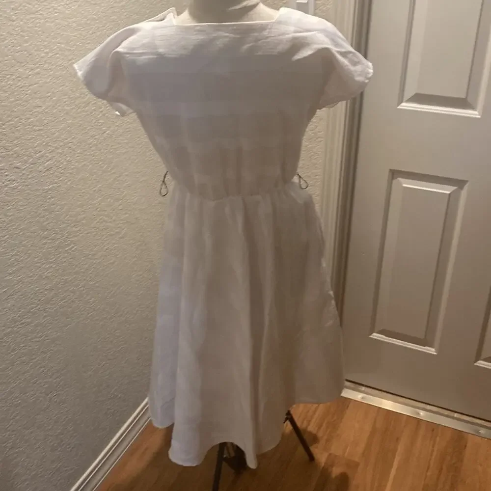 Vintage Andrea & Adam White Striped Vintage Midi Dress Square Neck Sz Lg - Picture 5 of 12